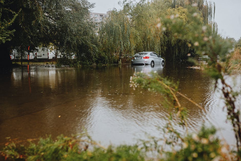 A residential street flooded with water covering the pavement and partially submerging a parked silver car, with trees and bushes around the area. In the background, there are multi-story apartment bu